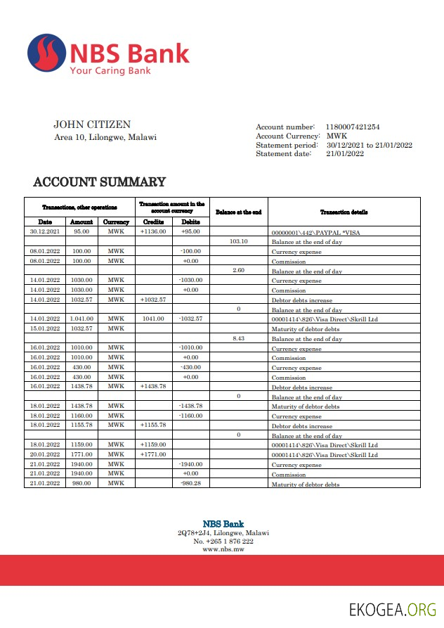 Relevé bancaire du NBS du Malawi